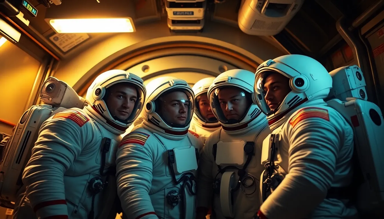 Astronauts Preparing for a Spacewalk This intimate image captures a moment of teamwork as astronauts prepare for an upcoming spacewalk. The warm lighting contrasts beautifully with the bright suits, creating an inviting atmosphere in the airlock. The close composition emphasizes their expressions of determination and focus. This portrayal reflects the spirit of collaboration and adventure inherent in space exploration, inviting the viewer to feel part of the journey.