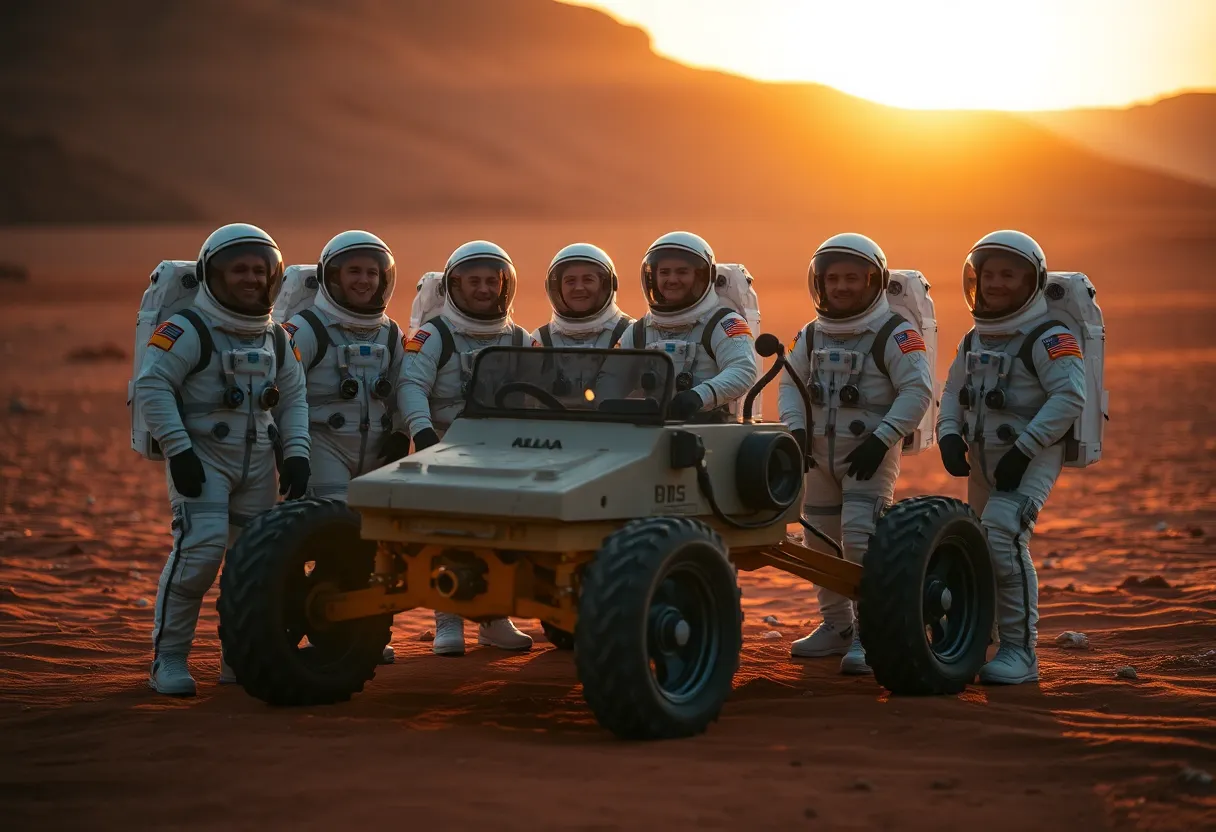 Astronauts Around Lunar Rover on Mars Simulation A group of astronauts congregates near a lunar rover on a simulated Mars landscape, illuminated by the warm glow of the golden hour. The sunlight creates soft highlights and rim light, enhancing their bright suits against the reddish sandy terrain. The image captures their engaging expressions, embodying teamwork and curiosity. The warm earth tones of the landscape complement the vibrant colors of the suits. Thoughtful composition graces the scene, emphasizing both the rover and the astronauts.