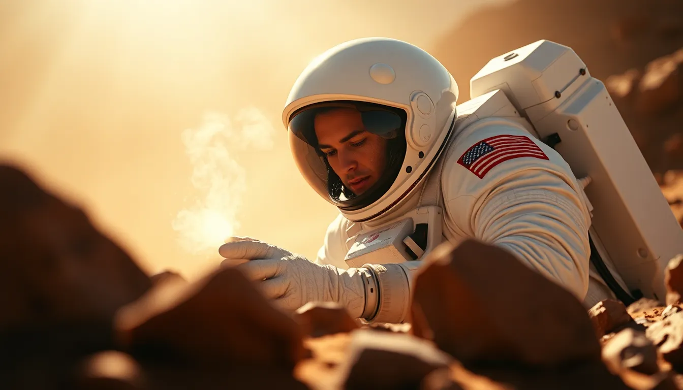 Astronaut Conducting Experiment on Martian Surface This vibrant image captures an astronaut deeply engaged in a scientific experiment on the landscape of Mars. Dappled sunlight filters through the Martian dust, enhancing the atmosphere and highlighting the astronaut's intense focus. The warm colors of Mars contrast starkly with the bright white of their suit, creating a visually arresting scene. Foreground framing with rocky elements leads the viewer's eye to the center of action, embodying the spirit of exploration and discovery on distant worlds.