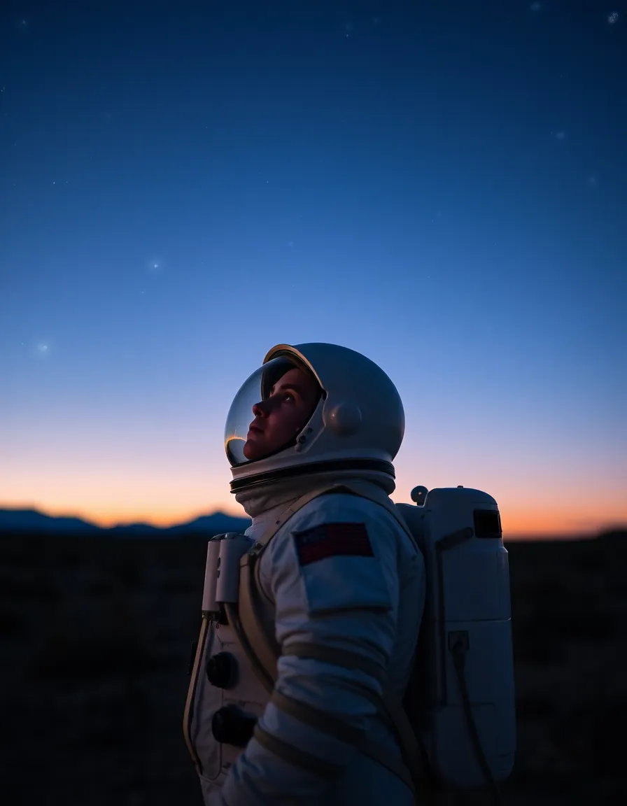 Astronaut Gazing at Stars During Twilight This serene image captures an astronaut peacefully gazing up at the starry sky during twilight, surrounded by the soft glow of dusk. The cool blue and purple hues create a tranquil atmosphere, inviting the viewer to join in this moment of contemplation. The composition places the astronaut in the foreground, drawing attention to the vastness of space above. Subtle details in the space suit contrast beautifully with the soft, blurred foreground, enhancing the sense of depth.
