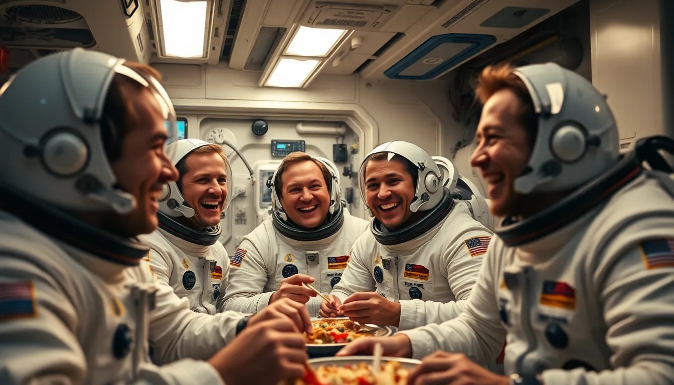 Astronauts Sharing a Meal in Space Habitat