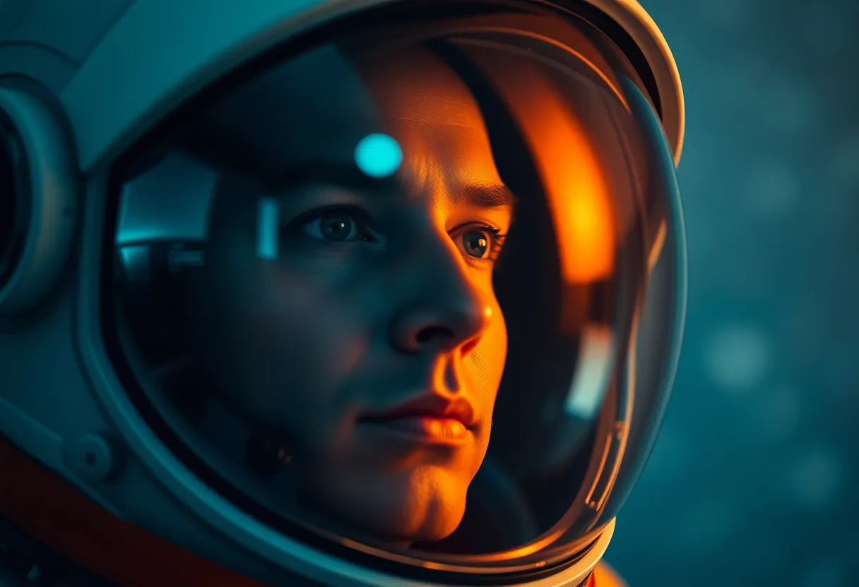 Close-Up of Astronaut Reflecting on Space In a poignant moment, an astronaut gazes thoughtfully through their helmet, illuminated by soft starlight. The cosmic backdrop sparkles with distant stars, rendered as creamy bokeh that enhances the intimacy of the scene. The cinematic coloring emphasizes the emotional weight of the moment, showcasing the astronaut's resilience and humanity amidst the vastness of space. The close composition draws viewers into the astronaut's world, highlighting the textures of their helmet and suit.