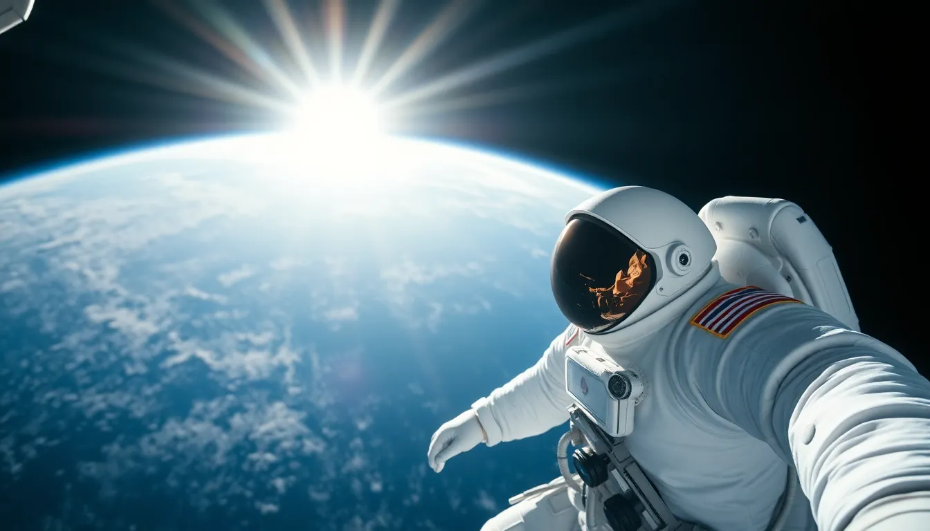 Astronaut Preparing for Spacewalk Outside Spacecraft An astronaut stands poised outside a spacecraft, preparing for an exhilarating spacewalk. The dramatic lighting from a nearby star casts intriguing shadows, enhancing the intensity of the scene. With clear, sharp details from the intricate equipment to the fabric of the suit, the image evokes anticipation and wonder. The composition effectively connects the viewer with the vastness of space, highlighted with contrasting colors that deepen the dramatic effect.