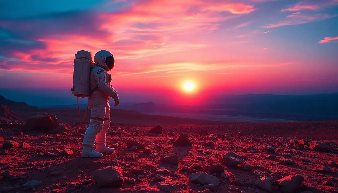 Astronaut Exploring Martian Landscape at Sunset