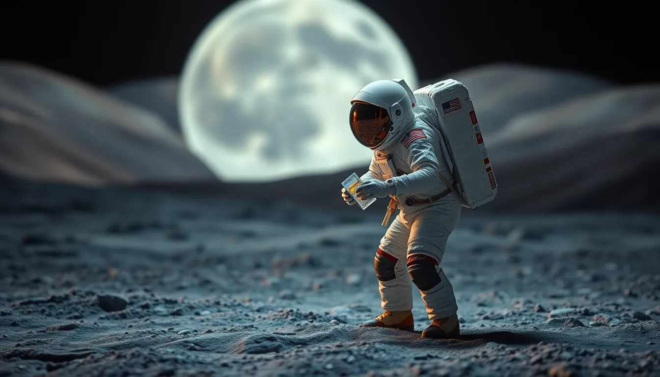 Astronaut Preparing for a Spacewalk This striking image depicts an astronaut gearing up for a spacewalk, illuminated by warm tungsten lighting that creates a dynamic and intimate atmosphere. The focused astronaut is framed using the rule of thirds, with a soft background highlighting additional space suits. The warm tones and fabric textures of the suit offer a sense of realism and humanity before the vastness of space. The shallow depth of field adds depth, drawing attention to the astronaut's concentrated expression as they check their helmet.