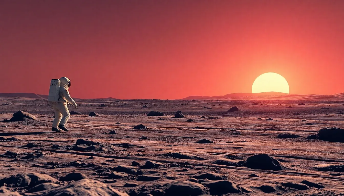 Astronaut Walking on the Moon at Sunset