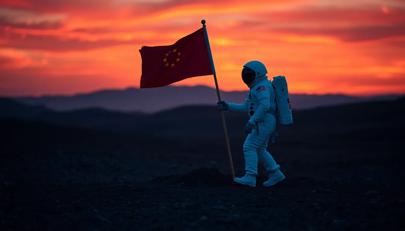 Astronaut Planting Flag on Alien Planet at Twilight This stunning image captures the pivotal moment of an astronaut planting a flag on an alien planet, set against a mesmerizing twilight sky. The vibrant oranges and purples of the atmosphere create a striking contrast against the astronaut's white suit, while the alien terrain adds an element of mystery. With a centered composition, the scene highlights the importance of exploration and achievement in space travel. The sharp focus on the astronaut and flag draws viewers into this extraordinary moment.