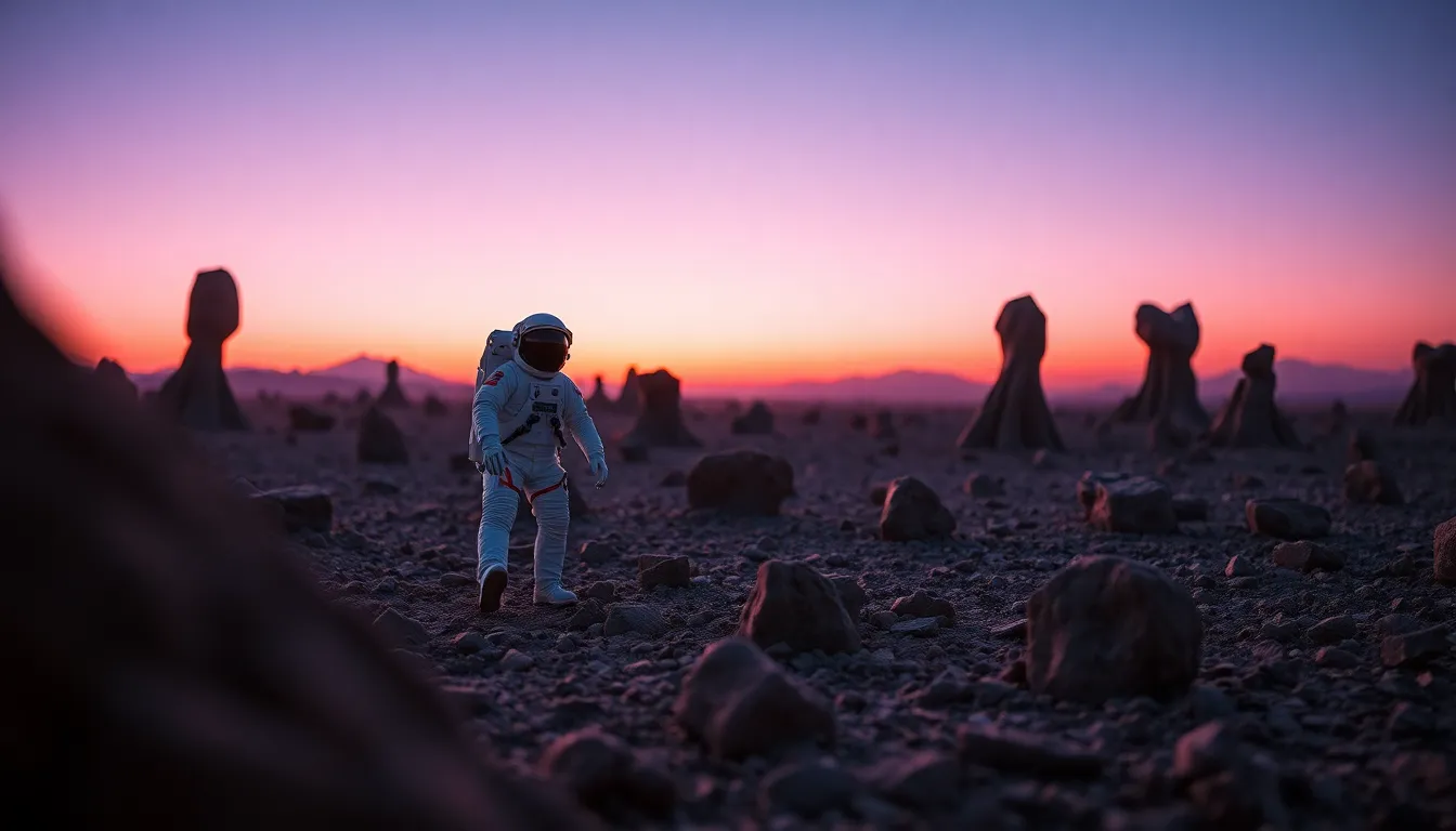Astronaut Exploring Surreal Alien Landscape This breathtaking image showcases an astronaut exploring an otherworldly alien landscape, characterized by unusual rock formations and vibrant colors during twilight. The soft lighting casts long shadows and deep contrasts, enhancing the surreal quality of the scene. The deep saturation of purples and oranges evokes a stunning sunset, creating a captivating atmosphere. The composition cleverly frames the astronaut with interesting foreground elements, inviting viewers to join in the exploration of this fantastical terrain.