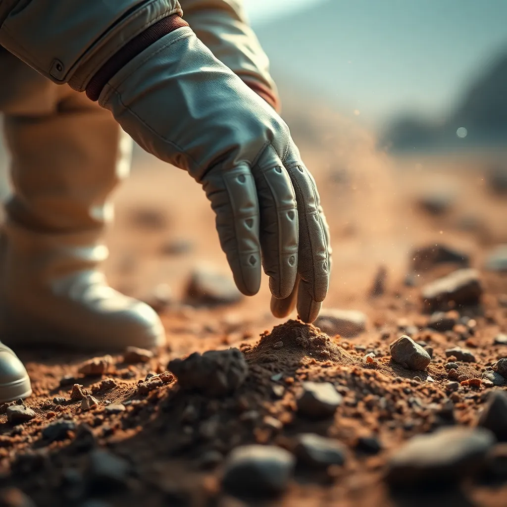 Astronaut Gloves Touching Alien Soil