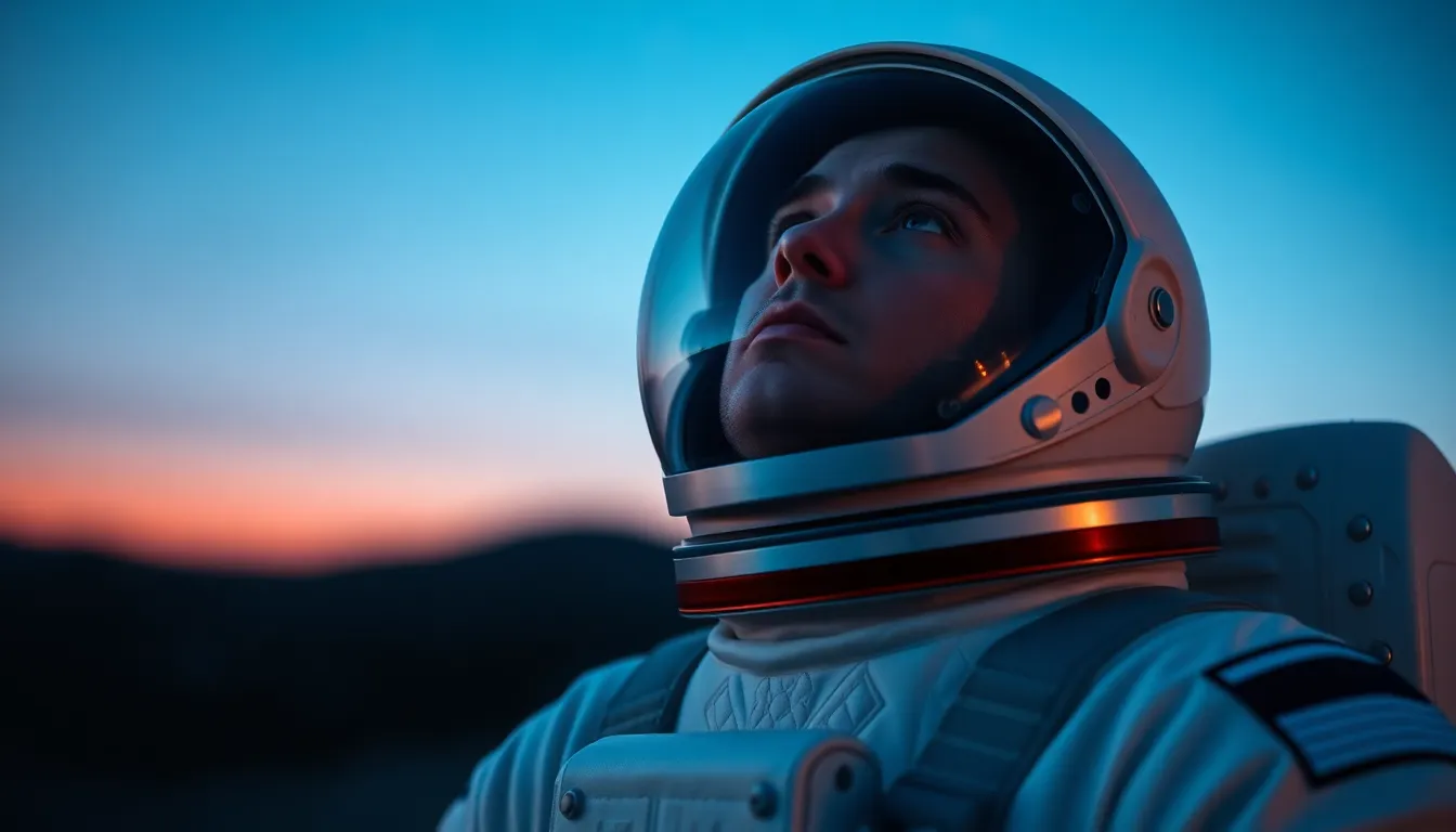Astronaut Gazing at the Stars In a serene twilight setting, an astronaut stands on a desolate lunar surface, gazing upward at a star-filled sky. The fading blue and orange hues of sunset create a dramatic backdrop, enhancing the reflective details of the astronaut's suit. This contemplative scene captures a moment of wonder and exploration, highlighting the vastness of space and the beauty of the universe. The image's shallow depth of field draws focus to the astronaut while blurring the lunar landscape, creating a sense of depth and tranquility.
