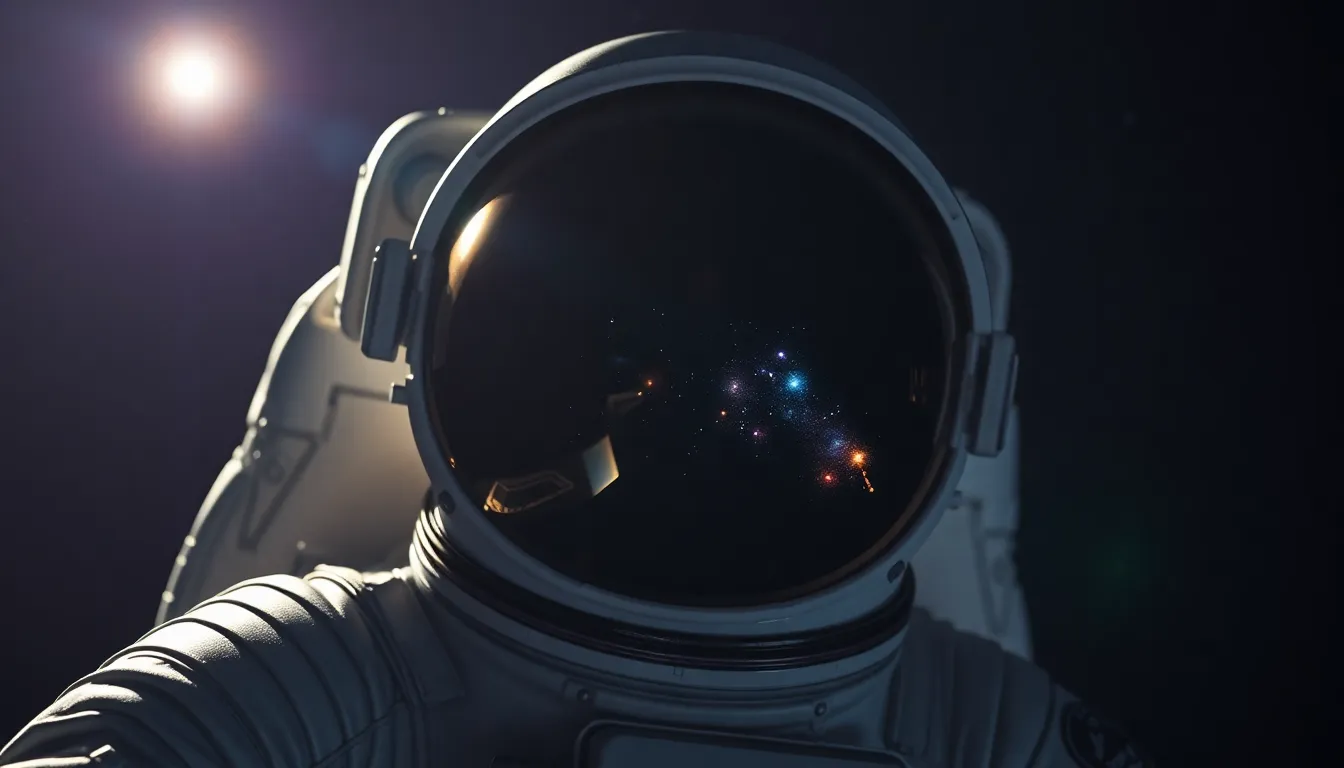 Astronaut in Deep Space Reflection This striking image captures an astronaut floating in the vastness of space, their visor reflecting distant stars and nebulae. Shot with a focus on dramatic side lighting from a far-off star, the scene features a rich color palette of deep blues and purples. The composition emphasizes the isolation and wonder of space exploration, with a shallow depth of field that creates an ethereal, dreamlike quality.