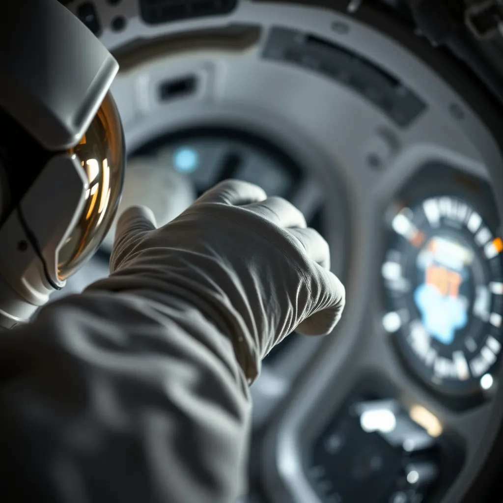 Astronaut Adjusting Space Control Panel This intimate close-up shot captures an astronaut's hand as they adjust a control panel inside a spacecraft. Lit by soft, diffused overhead lighting, the image focuses on the detailed textures of the astronaut's glove against the shiny metallic surfaces. The muted color tones provide a realistic quality, while the shallow depth of field draws attention to the interaction between human and technology. This image evokes a sense of precision and care in the realm of space exploration.