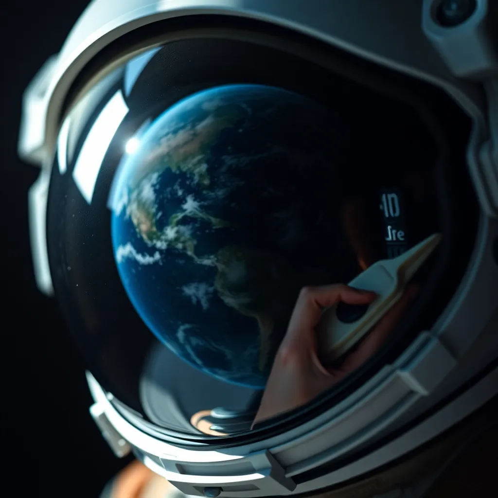 Close-Up of Astronaut Helmet A breathtaking close-up of an astronaut's helmet, capturing the intricate details of the visor that beautifully reflect Earth. Natural light elegantly illuminates the surface, revealing the textures of the helmet while soft highlights enhance its features. The rich blues and greens from Earth's reflection contrast with the deep black of space, creating a mesmerizing visual. This composition invites viewers to explore the connection between humanity and space, emphasizing the beauty of both.