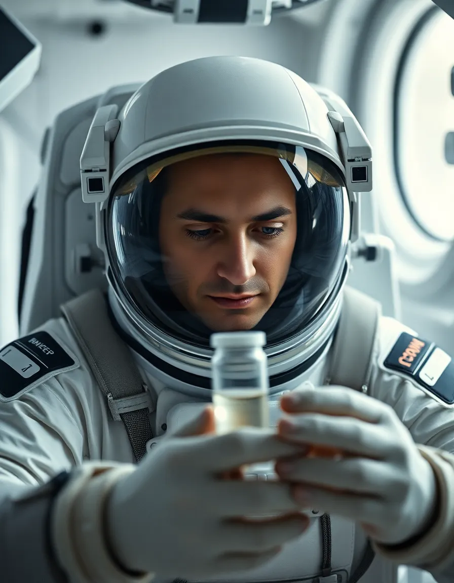 Astronaut Inspecting a Sample in Microgravity This insightful image portrays an astronaut meticulously inspecting a sample container in the serene environment of microgravity. Soft diffused daylight gently illuminates the scene, highlighting the astronaut's focused expression and the intricate details of their suit. The symmetrical composition draws the viewer's focus to the delicate interaction with the sample, evoking a sense of scientific discovery. The subdued color palette enhances the atmosphere of calm contemplation in space.
