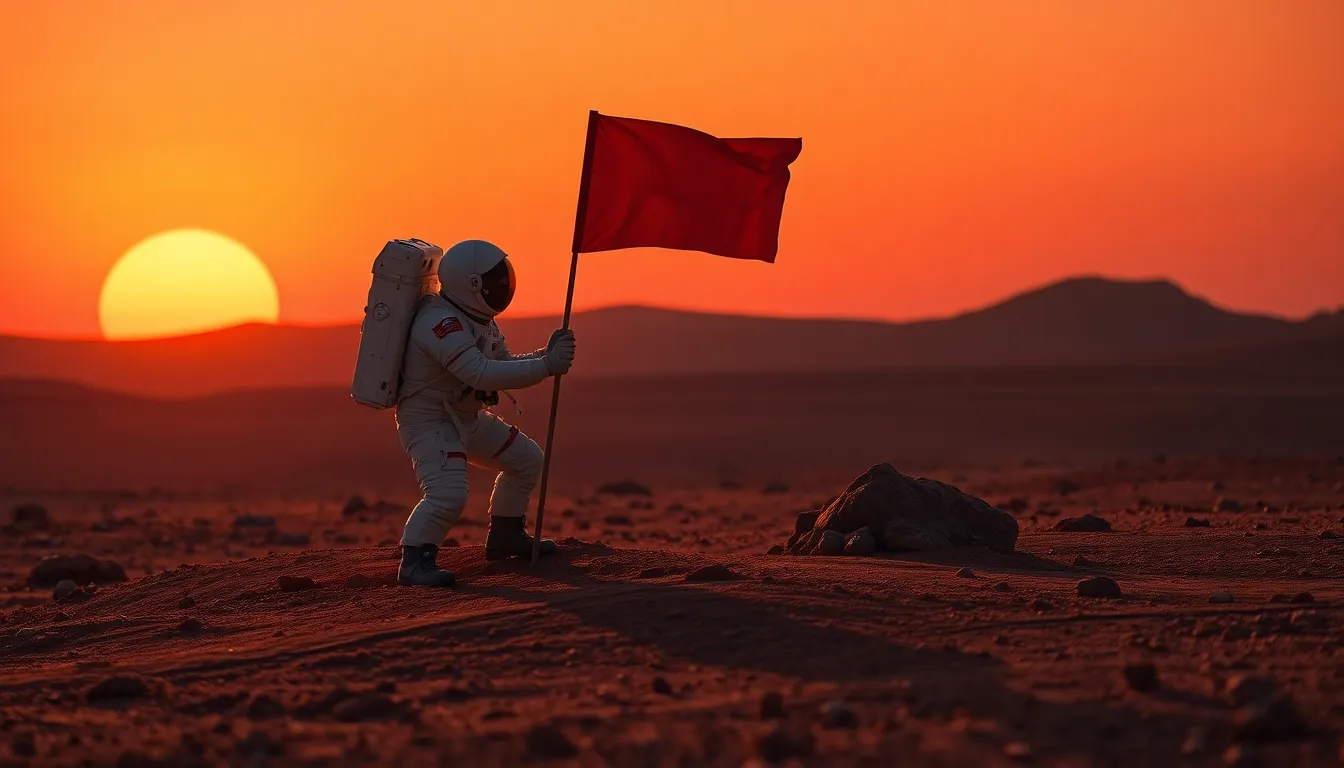 Astronaut Planting Flag on Mars at Sunset