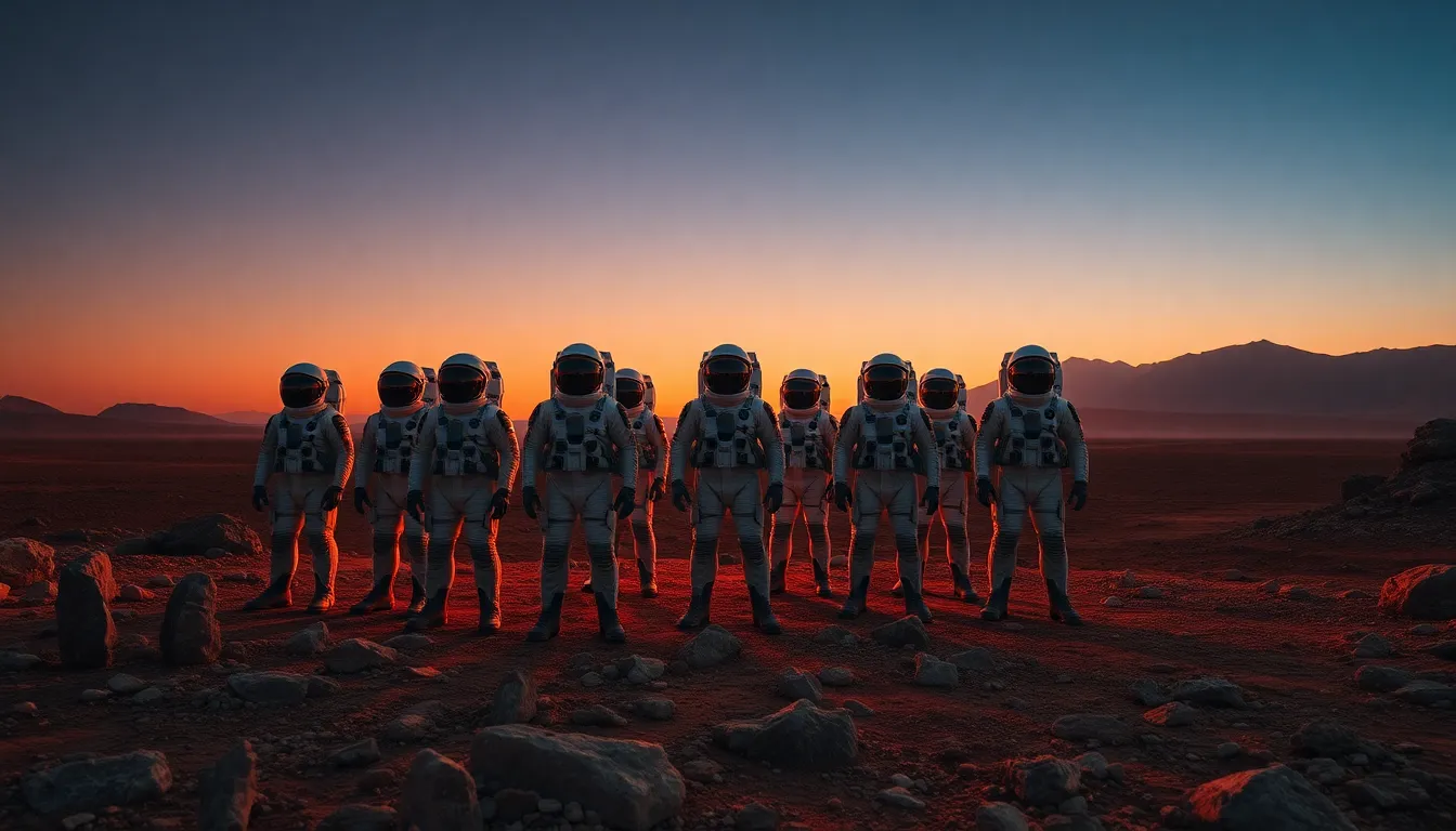 Astronaut Team on Martian Landscape at Twilight