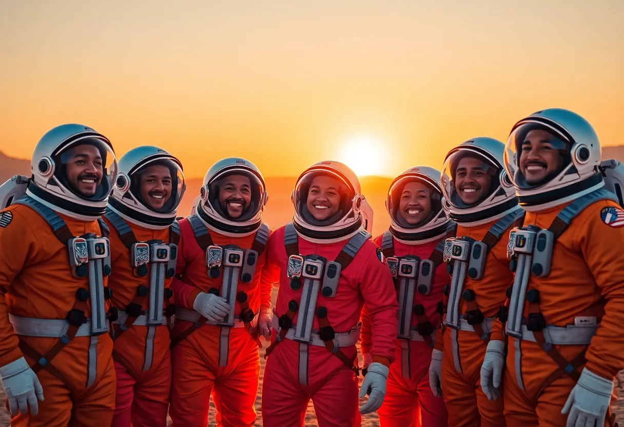 Diverse Astronauts Celebrating on Distant Planet