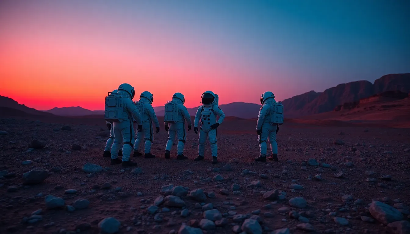 Astronauts Preparing for Mars Mission A group of astronauts stands on the rugged surface of Mars, poised for their next mission as twilight casts a cool blue and vibrant red glow across the landscape. The composition uses the rule of thirds, positioning the astronauts off-center to emphasize the vastness of their surroundings. The textures of the rocky terrain create a striking contrast with the sleek fabric of their suits, showcasing the challenges of exploring this alien environment. This image captures the spirit of adventure and discovery on Mars.