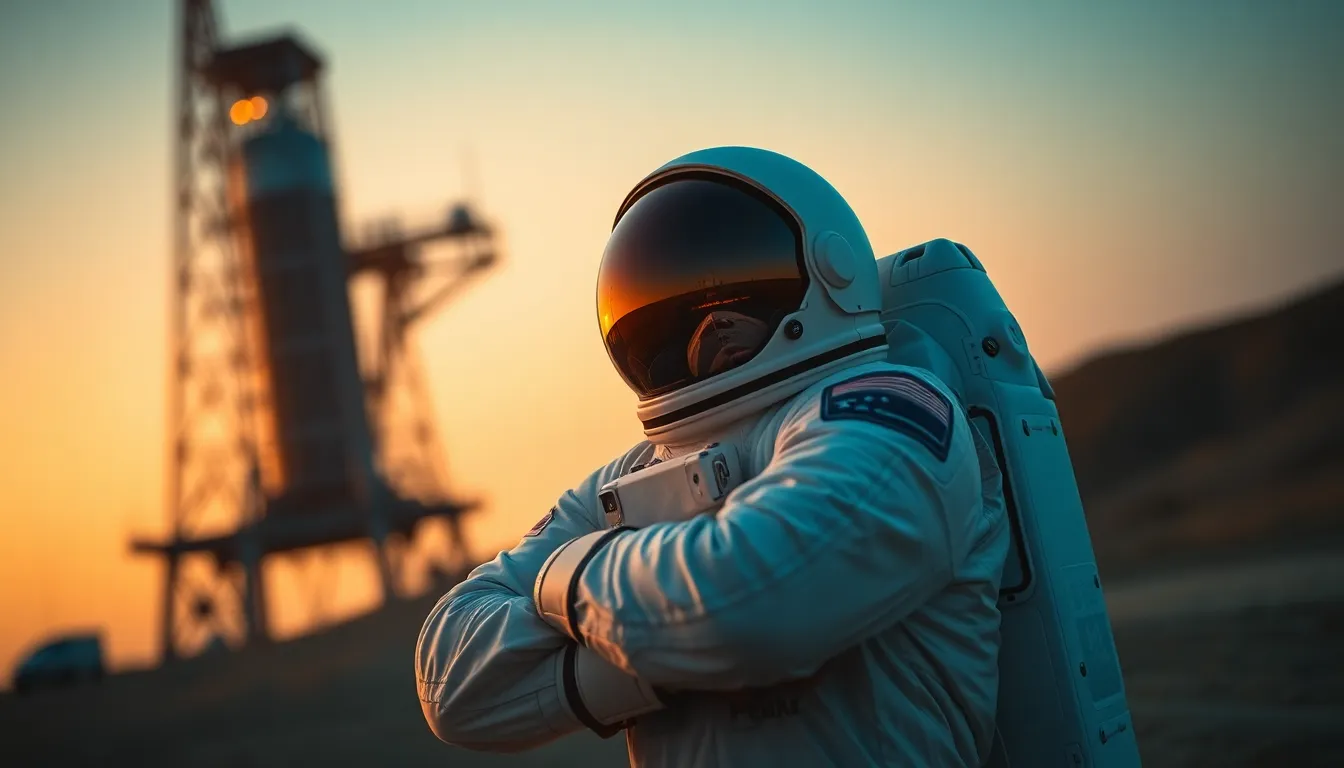 Astronaut Posing at Sunset Launchpad A confident astronaut stands on a launchpad at sunset, their space suit glinting in the vibrant golden light. The low-angle shot emphasizes the grandeur of the scene, with the warm tones contrasting against the backdrop of distant stars. The astronaut's reflective visor adds a dynamic element, while leading lines in the composition guide the viewer’s gaze. This image captures the excitement of space exploration in a breathtaking moment.
