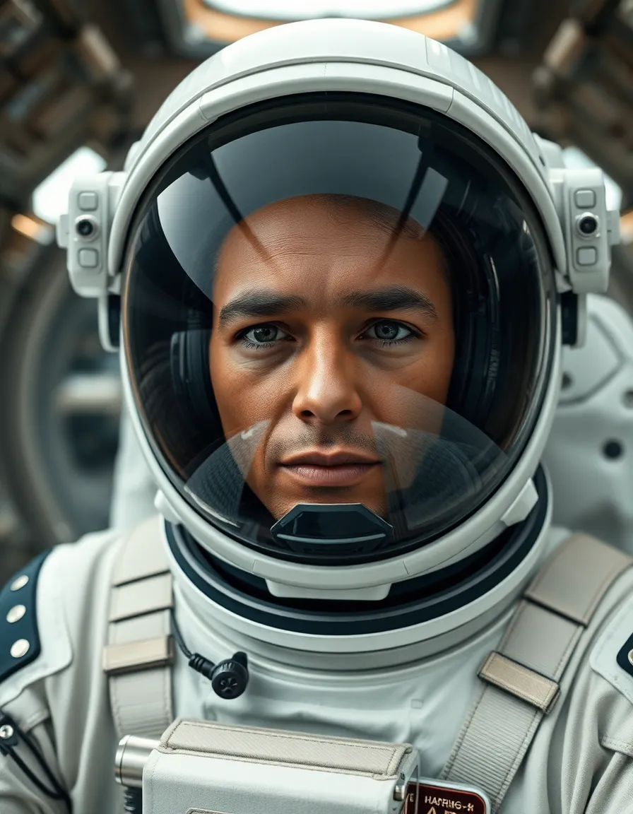 Astronaut Inside Habitat Module In this intimate portrait, an astronaut is captured inside a habitat module with soft, diffused daylight illuminating the scene. The focus is on the astronaut's face, showcasing the natural skin texture and the intricate details of the helmet. Muted earth tones enhance the atmospheric realism, while a centered symmetrical composition draws attention to the surrounding equipment. This image reflects on the isolation and the high-tech environment of space life.