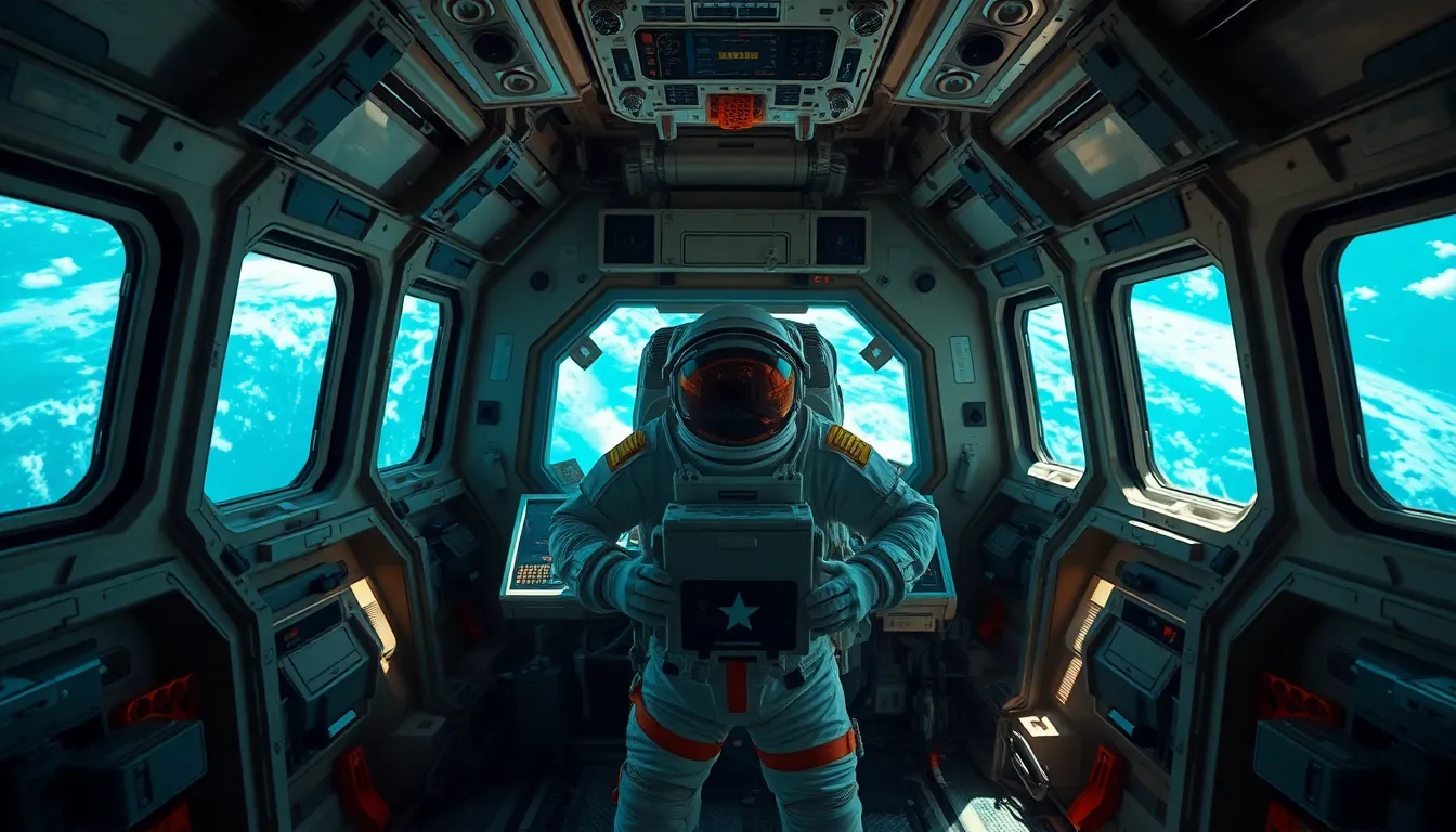 Astronaut Inside Space Station Control Room