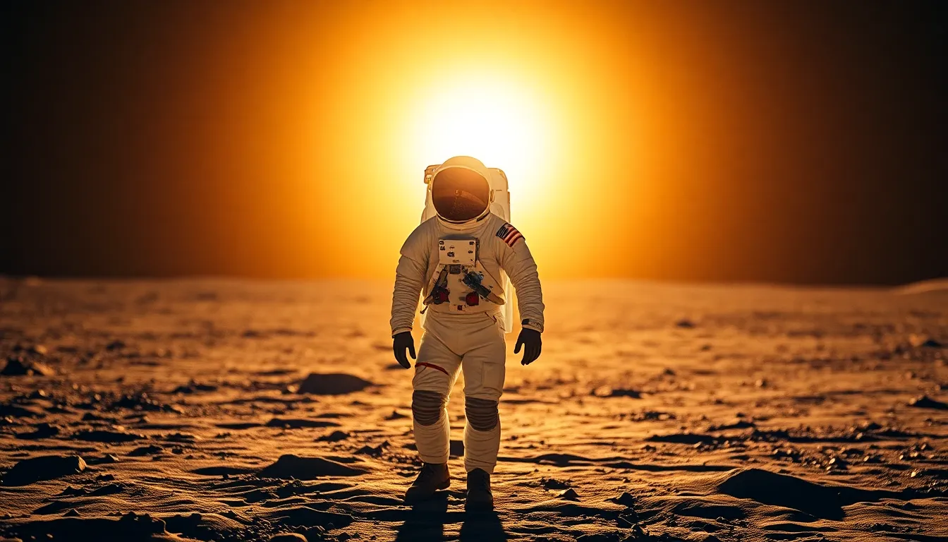 Astronaut on Lunar Surface This breathtaking image features an astronaut on the moon, framed perfectly against the backdrop of Earth. The golden hour creates a stunning backlit effect, emphasizing the suit's details while producing a halo around the figure. The warm color palette adds an emotional depth to the scene, highlighting the journey of exploration. The texture of the lunar surface captivates the viewer, drawing them into the vastness of space.