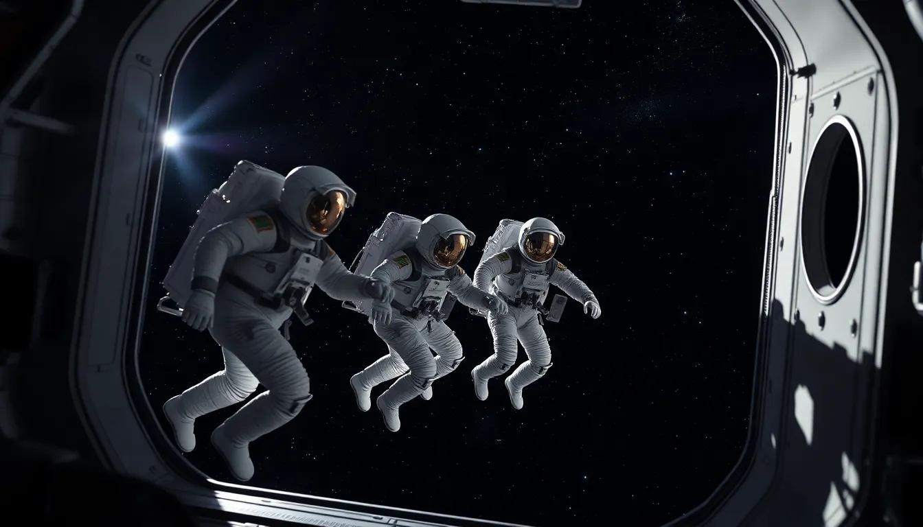 Astronauts Conducting Spacewalk This dynamic image captures a group of astronauts engaged in a spacewalk, with the vastness of the cosmos as their backdrop. Sunlight starkly contrasts the silvery spacesuits against the dark interstellar background, enhancing the dramatic effect. The astronaut's movements create a sense of action and exploration, inviting viewers to appreciate the thrill of space missions. The sharp focus brings every detail into crisp view, reinforcing the majesty of human endeavors in space.