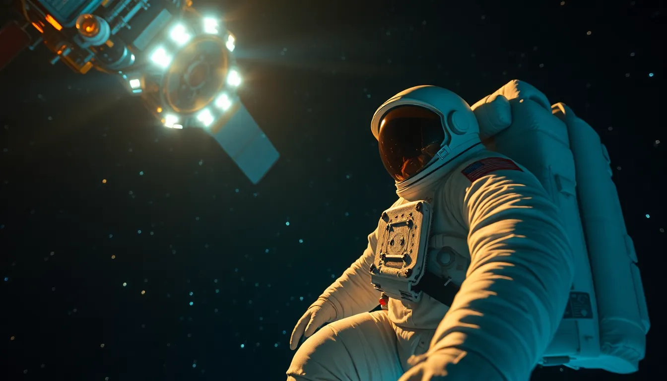 Astronaut Conducting Spacewalk Near Satellite This dynamic scene captures an astronaut engaged in a diligent spacewalk to repair a satellite, surrounded by the cosmic wonder of starlight. The bright LED lights reflect off the suit, enhancing the details of the textured fabric and equipment. The contrasting colors of teal and orange heighten the visual drama, while the sharp focus pulls the viewer into the action. The composition flows along the lines of the satellite and the astronaut, emphasizing their connection in the vastness of space.