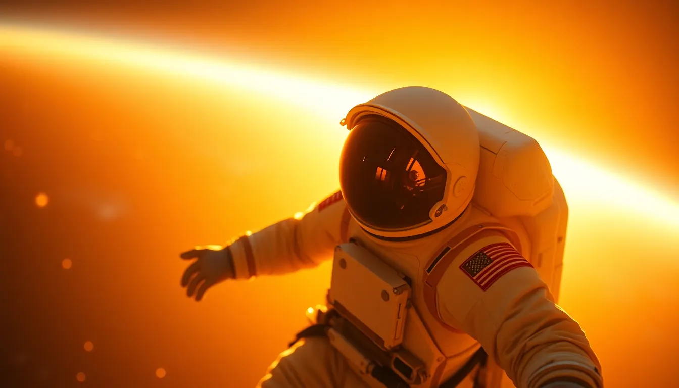 Astronaut Floating in Zero Gravity An astronaut floats gracefully in zero gravity, illuminated by the warm light of golden hour streaming from a nearby sun. The soft glow around the suit creates an ethereal ambiance, showcasing the intricate details of the astronaut’s gear. This breathtaking shot captures the stillness of space, as the stars twinkle softly in the background. The shallow depth of field emphasizes the serenity and isolation of the scene, inviting viewers into the peacefulness of space exploration.