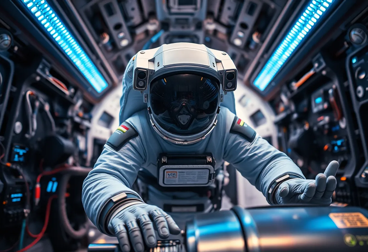 Astronauts Preparing for Spacewalk This dynamic image depicts a group of astronauts gearing up for an exhilarating spacewalk inside a spacecraft. With intricate details of their space gear illuminated by bright studio lights, the scene conveys a strong sense of anticipation and teamwork. The meticulous focus on their expressions showcases the seriousness of their mission, while surrounding control panels bring depth and context to the dynamic composition.