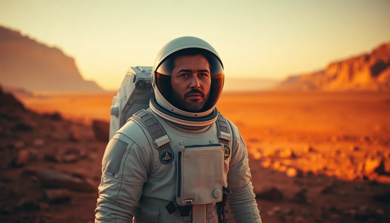 Astronaut on Martian Surface at Sunrise In this stunning scene, an astronaut is depicted standing on the Martian surface, embraced by the warm glow of sunrise. The rugged landscape, rich in reds and oranges, contrasts beautifully with the cool Martian sky, creating a dramatic atmosphere. The astronaut's focused expression and detailed suit reflect the spirit of exploration, while the shallow depth of field draws attention to their face, further emphasizing their isolation. This composition invites viewers to contemplate the unique challenges of space travel.