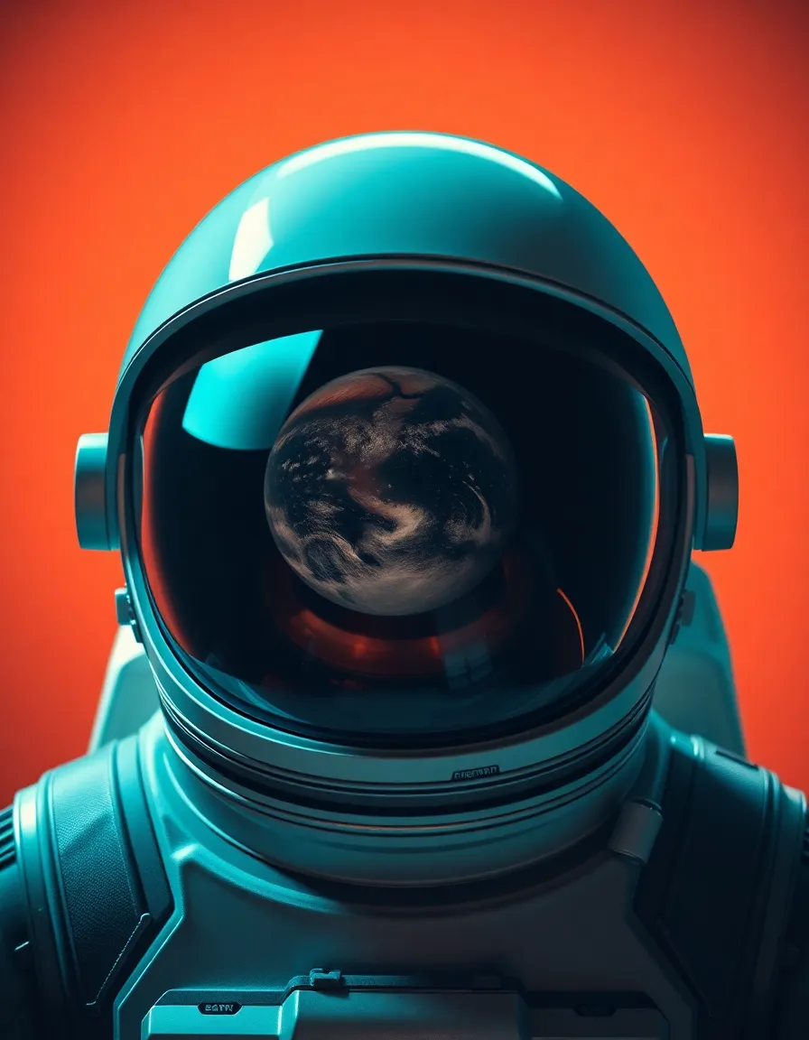 Astronaut's Reflection in Helmet A close-up of an astronaut's helmet reveals a striking reflection of Earth, captured with high detail and vivid colors. The dramatic studio lighting creates bold contrasts, highlighting the smooth, polished surface of the helmet. The composition centers on the visor, inviting viewers to explore the delicate interplay between the astronaut's world and the home planet. This image showcases both the technological marvel of space exploration and the human connection to Earth.