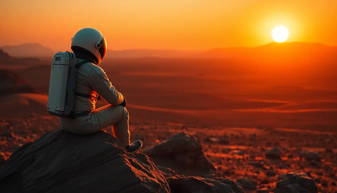 Confident Astronaut on Lunar Surface A confident astronaut stands on the lunar surface during the golden hour, backlit with warm sunlight creating an ethereal glow around the figure. The shallow focus emphasizes the astronaut's face, revealing the textures in the helmet and suit. The warm tones and soft bokeh background enhance the serene yet adventurous mood of space exploration.
