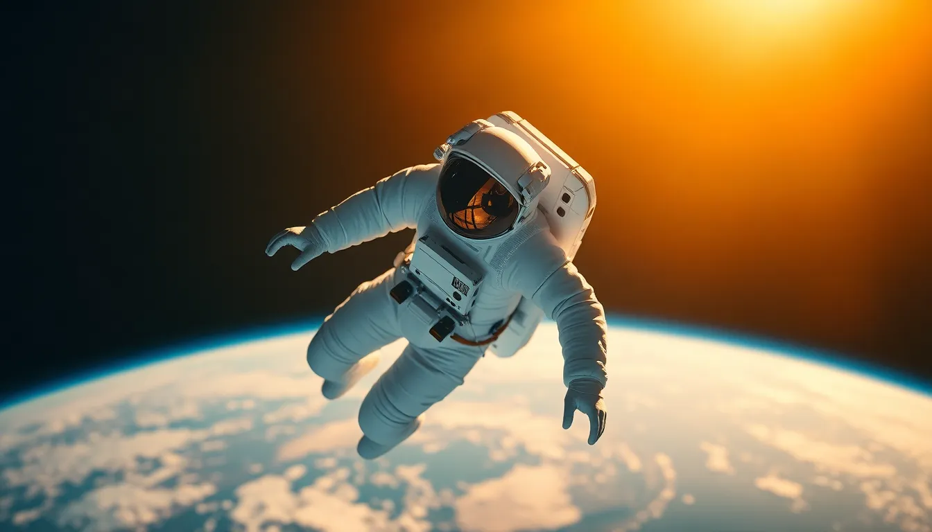 Astronaut in Zero Gravity with Tools An astronaut is captured floating in the interior of a spacecraft, illuminated by the warm glow of golden hour light. They are surrounded by tools and equipment gently drifting through the air, creating a dynamic, lively scene. The warm rim light accentuates the astronaut's suit and enhances the textures of their surroundings. The creamy bokeh in the background draws attention to the astronaut's focused expression as they prepare for their next task.