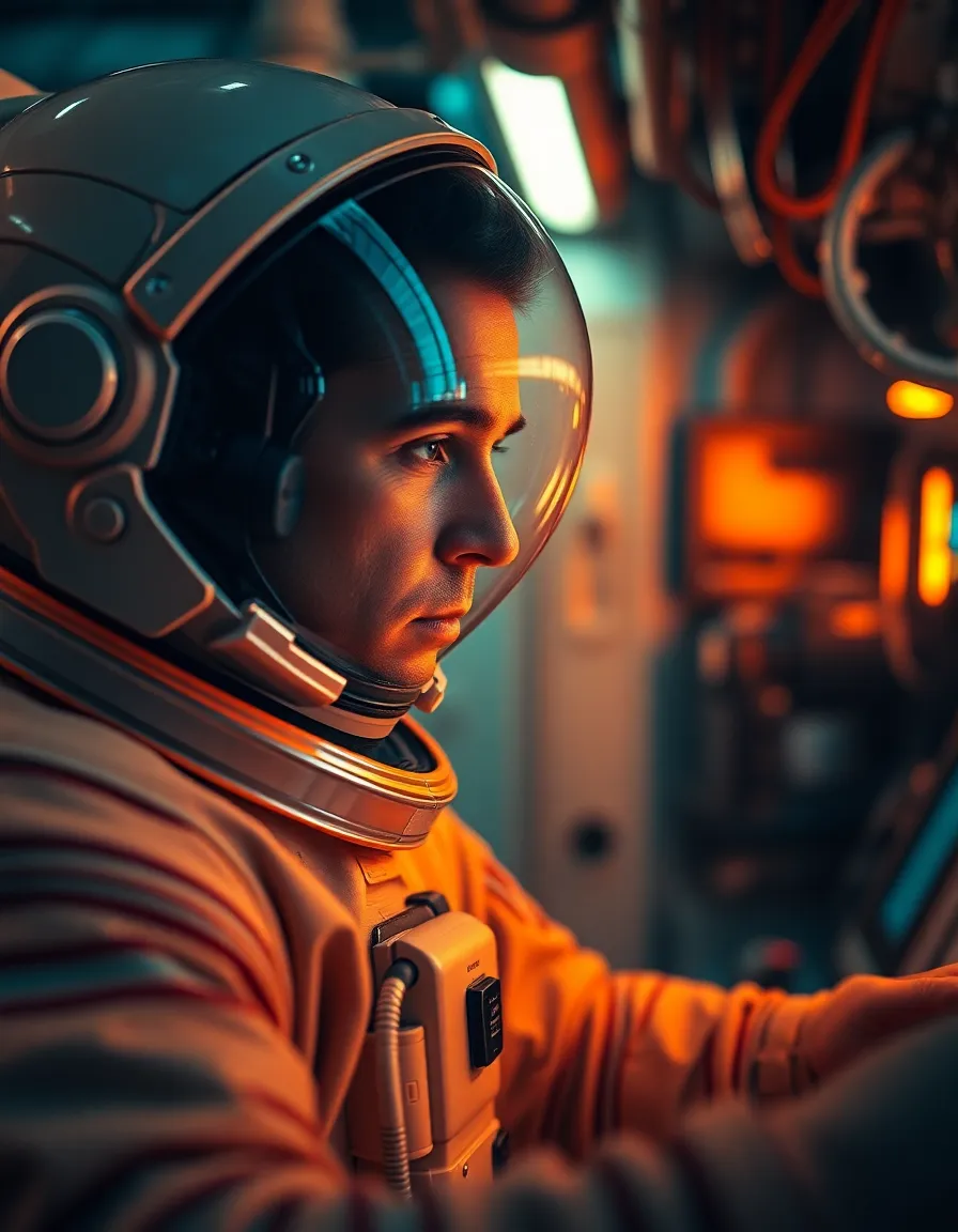 Astronaut at Control Panel An astronaut is depicted in a moment of contemplation at a spacecraft control panel. Warm tungsten lighting casts a soft glow, accentuating the textures of the suit and metallic surfaces around them. The shallow depth of field highlights their focused expression, making the surroundings blur into a harmonious blend of colors. This intimate portrayal captures the essence of space exploration, conveying both the technical environment and the emotional weight of the mission.