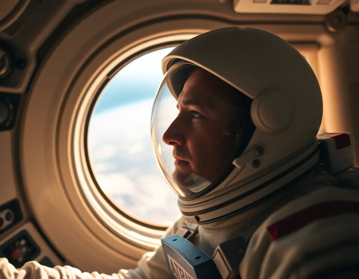 Astounding View of Earth from Space An astronaut sits within the confines of a spacecraft, illuminated by golden sunlight streaming through the window, creating an ethereal moment. Their gaze is fixed outside, contemplating the beauty of Earth from above. The warm tones of sunlight contrast beautifully with the cool colors of the spacecraft interior, making the scene feel alive and immersive. The tight framing captures the astronaut's expression of awe, highlighting the textures of the spacecraft's walls while the background dissolves into soft bokeh, drawing attention to the profound moment.