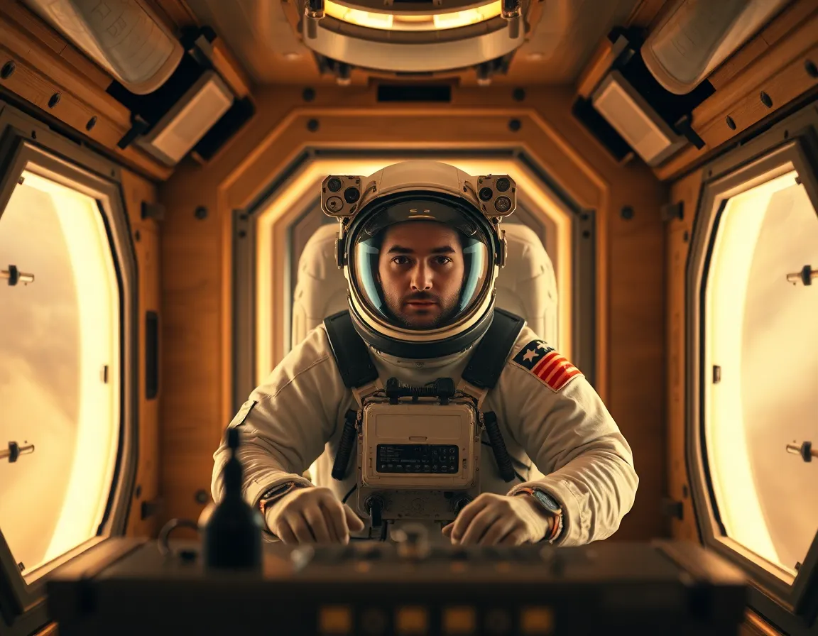 Astronaut Working Inside Habitat Module Inside a futuristic habitat module, an astronaut diligently works at a control panel, surrounded by advanced equipment. Warm tungsten lighting creates a cozy, lived-in feel as the astronaut interacts with various tools and screens. The muted earth tones of the environment contrast with the sleek metallic surfaces of the equipment, emphasizing the technological advancements in space living. This composition captures the human element of exploration, showcasing the dedication and focus of astronauts in their daily tasks.