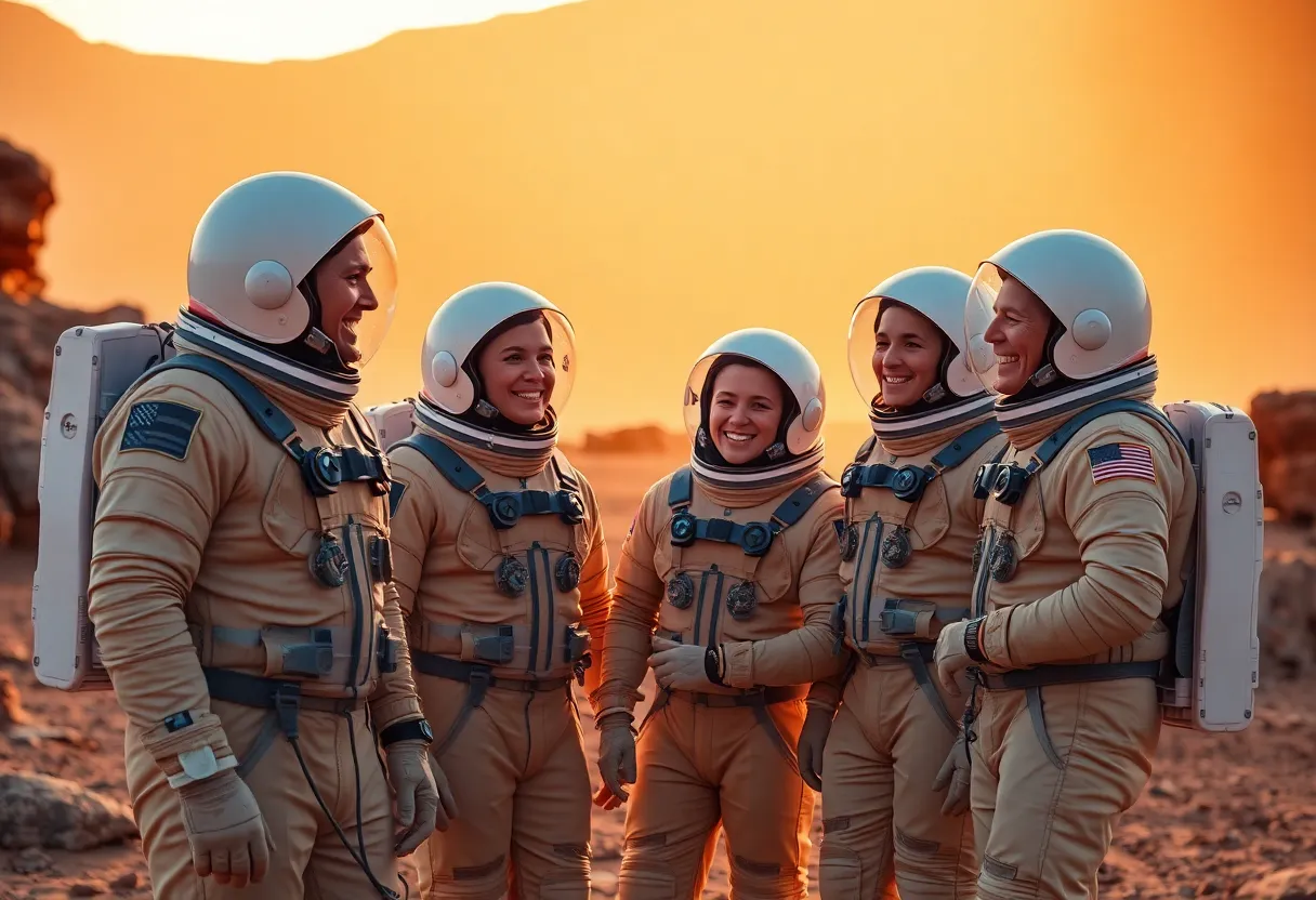 Astronauts Sharing a Moment on Mars-Like Landscape