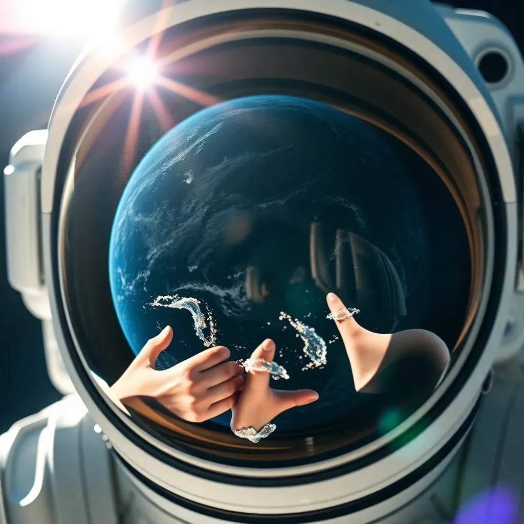 Close-Up of Astronaut's Helmet Reflecting Earth A stunning close-up shot of an astronaut's helmet beautifully reflects the Earth floating in the void of space. Bright sunlight sparkles on the visor, highlighting intricate details of the helmet's surface while creating a dreamy bokeh effect in the background. This intimate perspective emphasizes the stark contrast of humanity versus the vastness of space, captured in natural muted colors that evoke feelings of wonder and admiration.