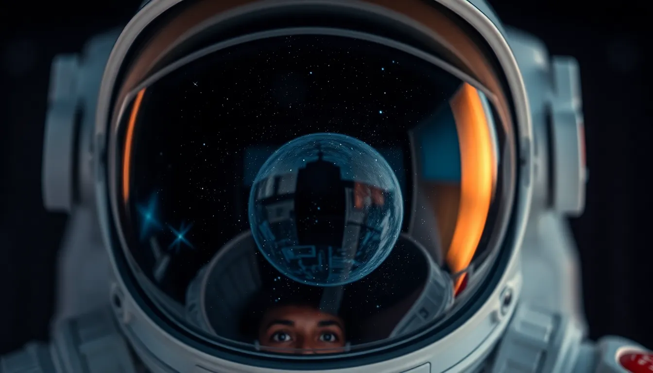 Close-Up of Astronaut Helmet Reflecting Cosmos