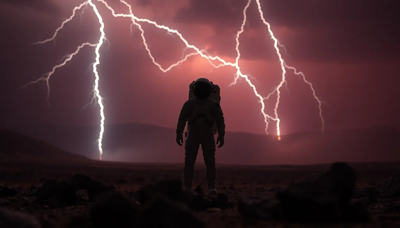 Astronaut Silhouette Against Stormy Martian Sky
