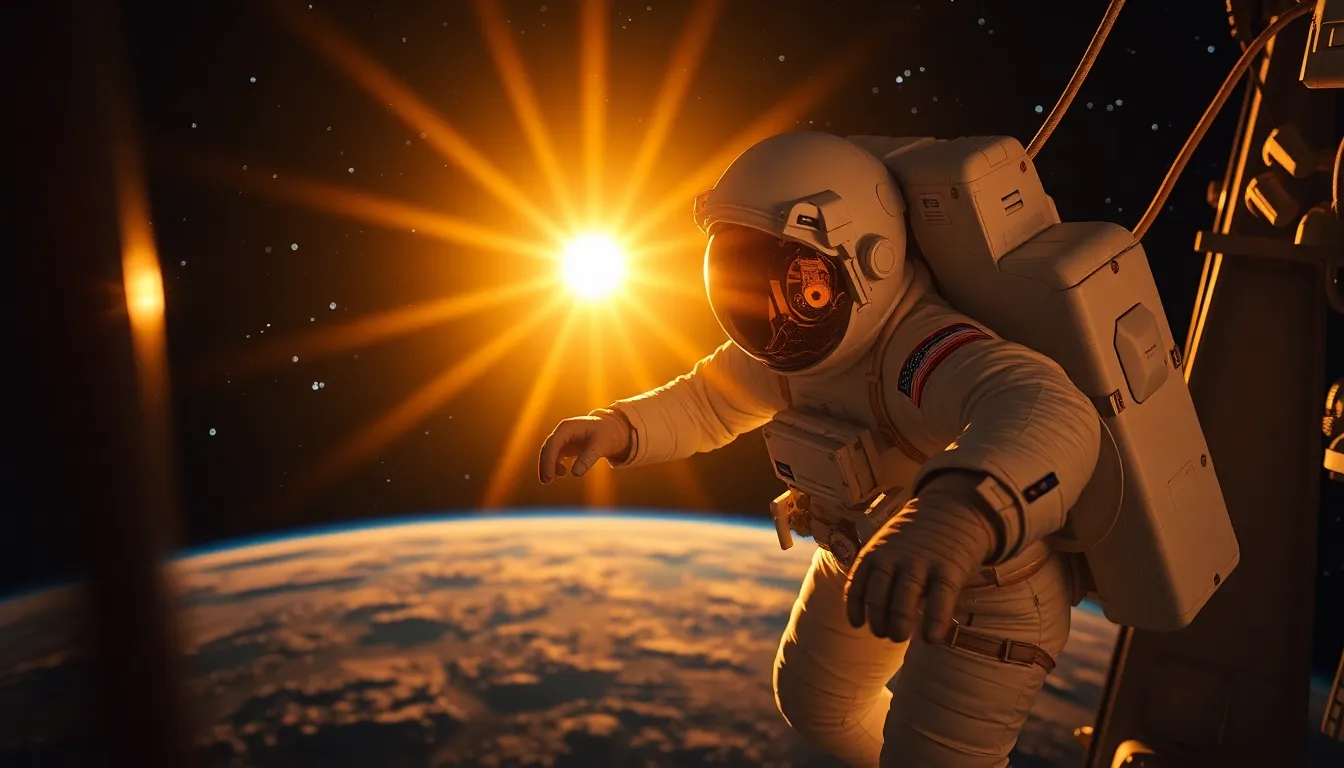Astronaut Performing Spacewalk at Sunrise