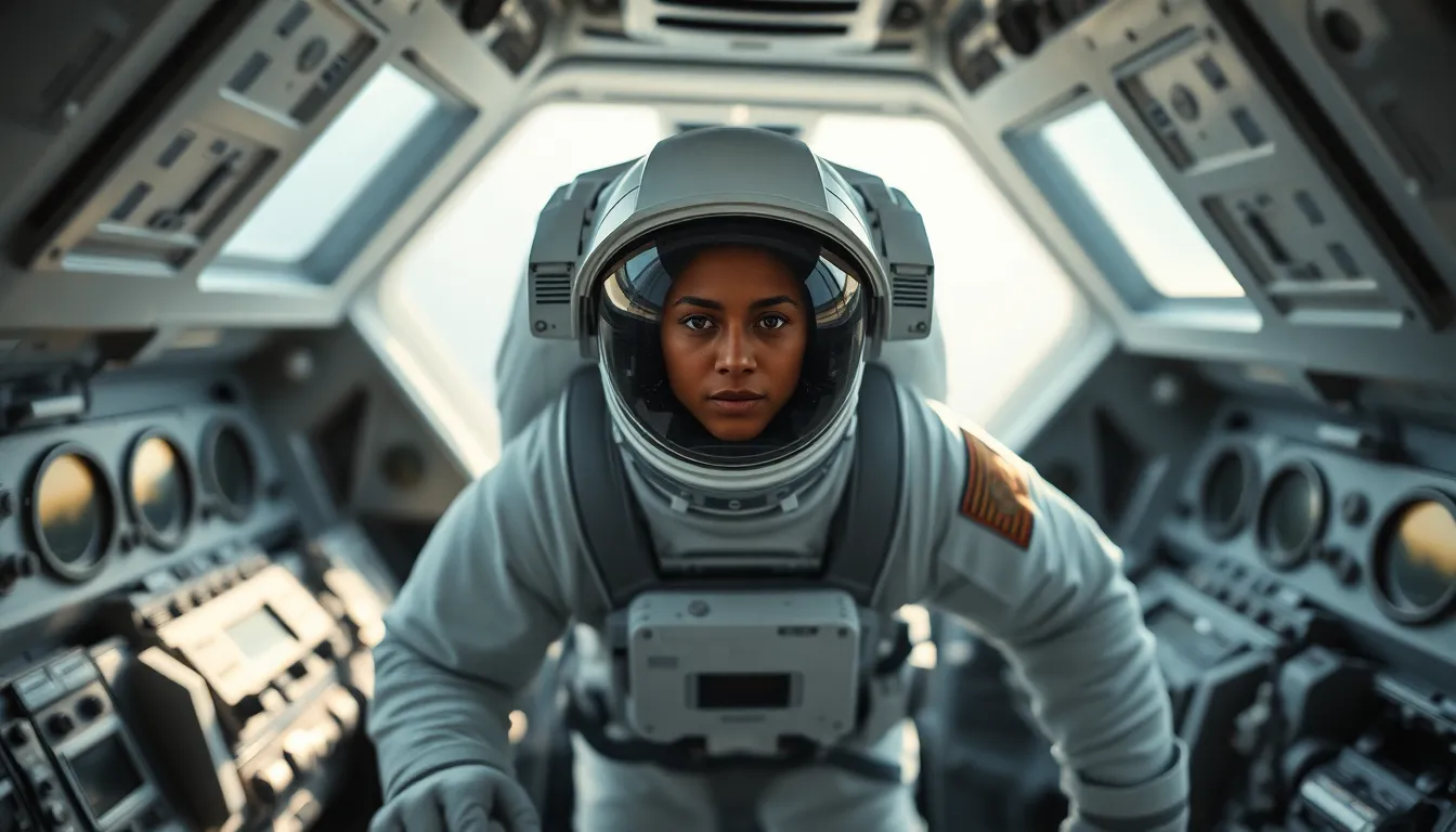 Astronaut in Zero Gravity Inside Spacecraft Capturing a serene moment, an astronaut floats in zero gravity within a modern spacecraft, bathed in soft daylight filtering through the cockpit. The image focuses on their expression and intricate suit details, contrasting with the muted blue-gray interior. Compositionally, the subject is framed on the left, enhancing the sense of space and technology. Light reflections on polished surfaces add depth and interest.