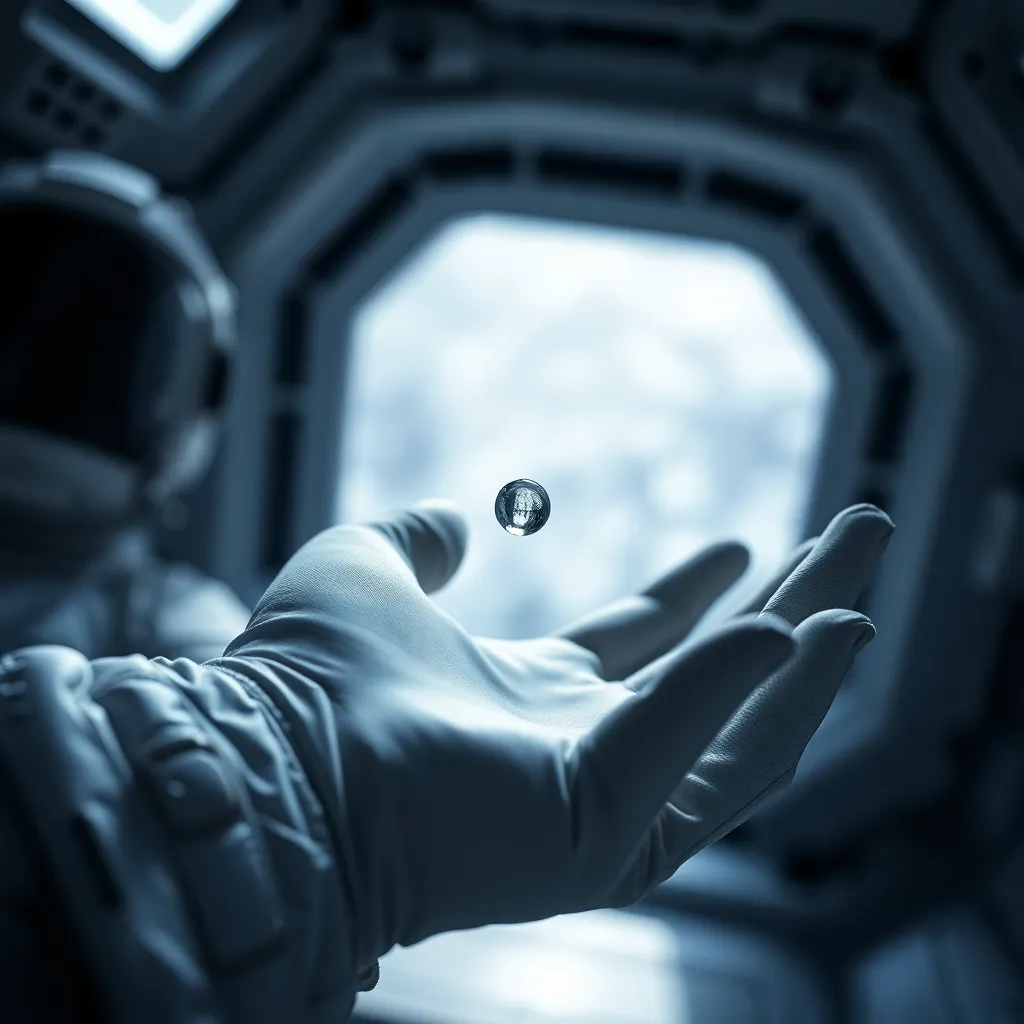 Astronaut Touching Water Droplet in Space In this mesmerizing close-up, an astronaut's gloved hand reaches for a water droplet floating in the weightlessness of space. The soft diffused light creates a serene atmosphere, highlighting the fine textures and details of the suit. The droplet becomes the focal point of the scene, symbolizing life in the vastness of the cosmos. This image illustrates the delicate balance of beauty and science in space exploration, captivating viewers with its stunning detail and clarity.