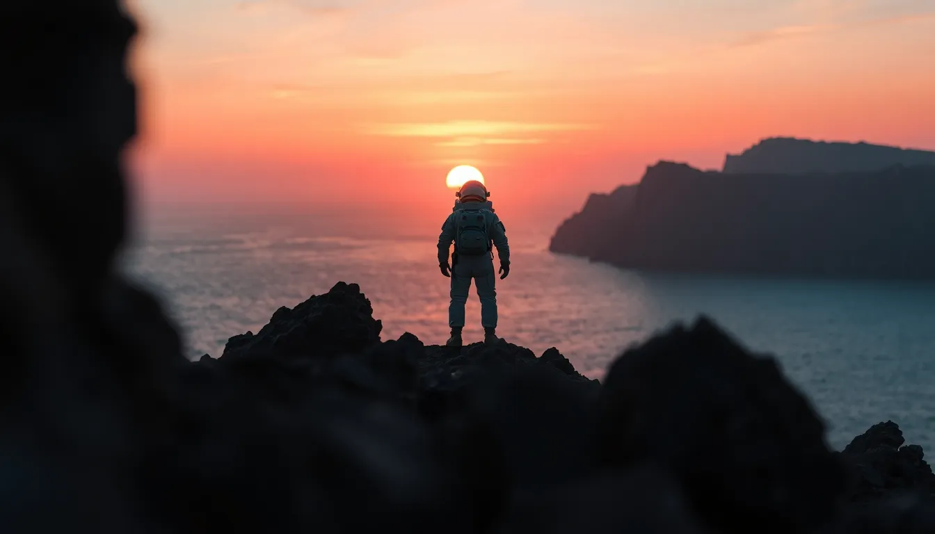 Astronaut at Sunrise Over Alien Ocean