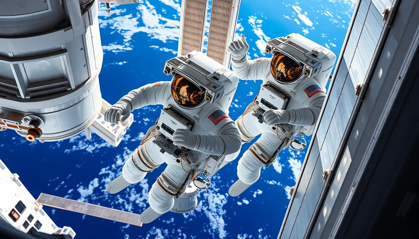 Astronauts Repairing the International Space Station