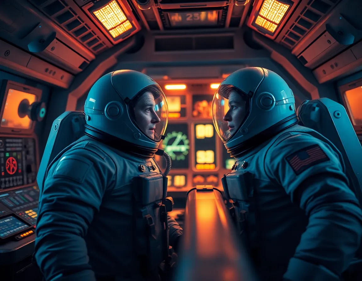 Astronauts Engaged in Conversation Inside Spacecraft