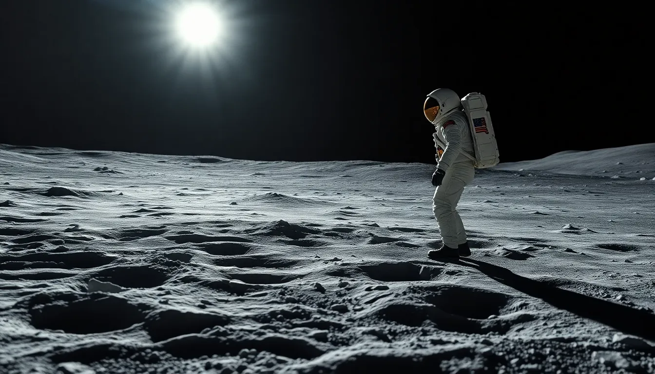 Astronaut Exploring Lunar Landscape This dramatic photograph showcases an astronaut on the moon, deeply engaged in exploration. The cold light casts intriguing shadows on the rugged terrain, amplifying the stark beauty of the lunar surface. The details of the astronaut’s suit contrast beautifully against the grays and whites of the moon, echoing the isolation of space. With the astronaut positioned according to the rule of thirds, the viewer is drawn into the expansive landscape surrounding them.