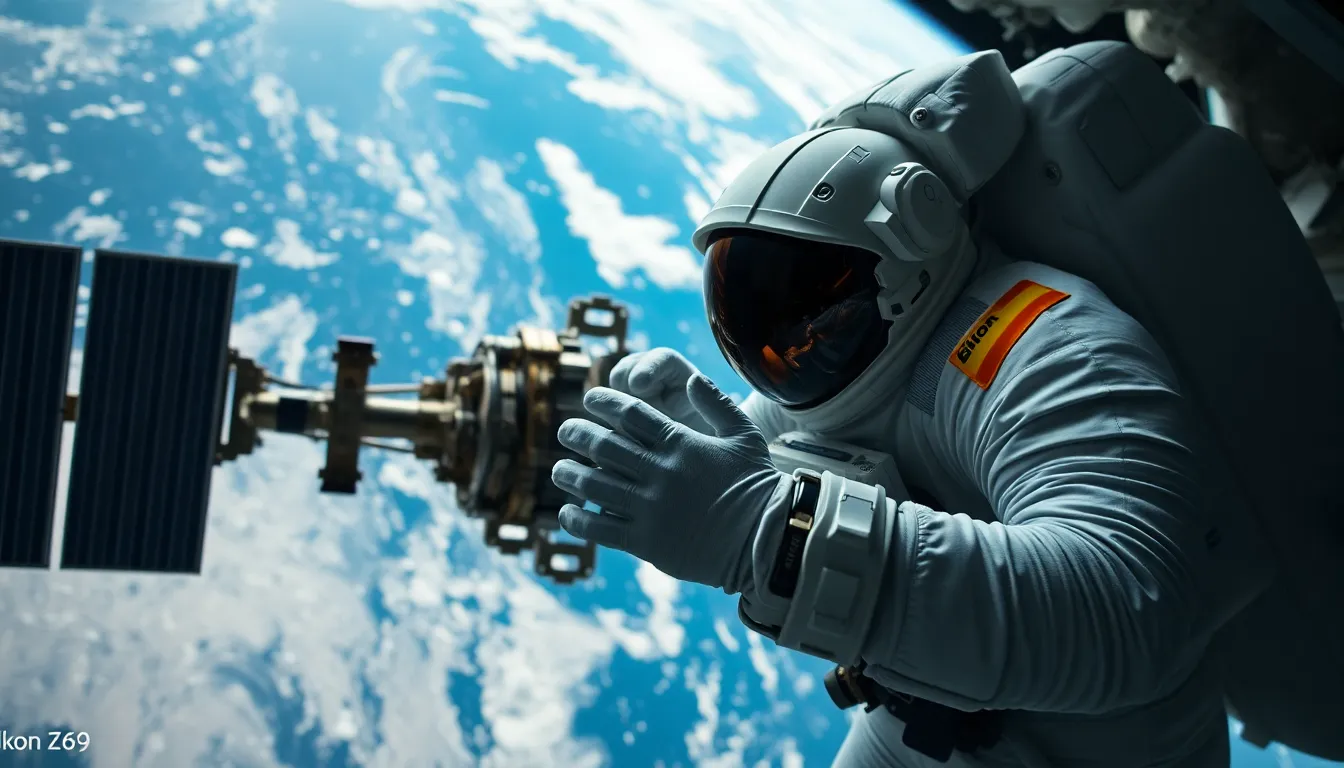 Astronaut Repairing Satellite in Space