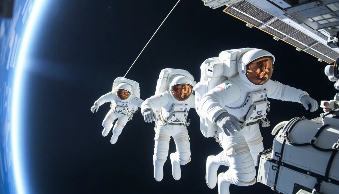 Astronauts on Spacewalk Near the ISS